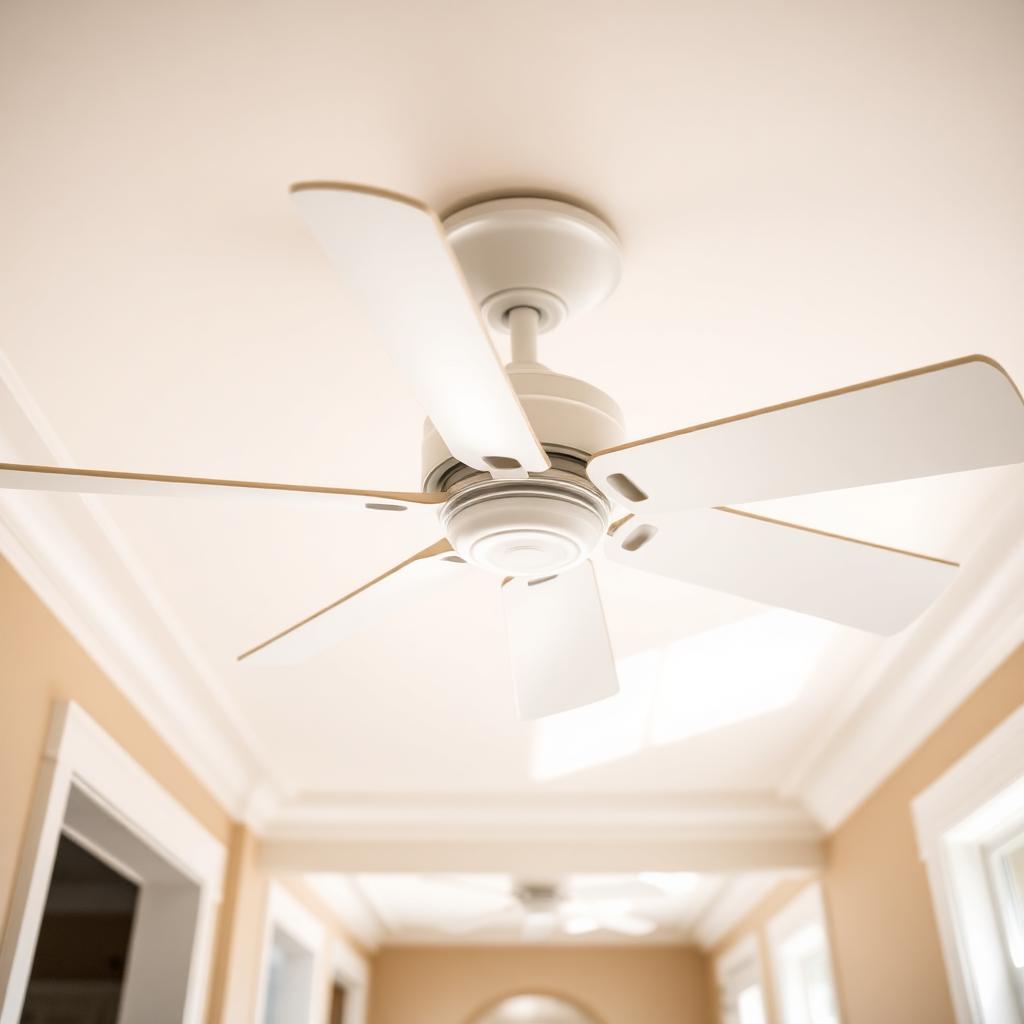 Hand dusting a ceiling fan blade with a blue microfiber cloth in a sunlit residential hallway