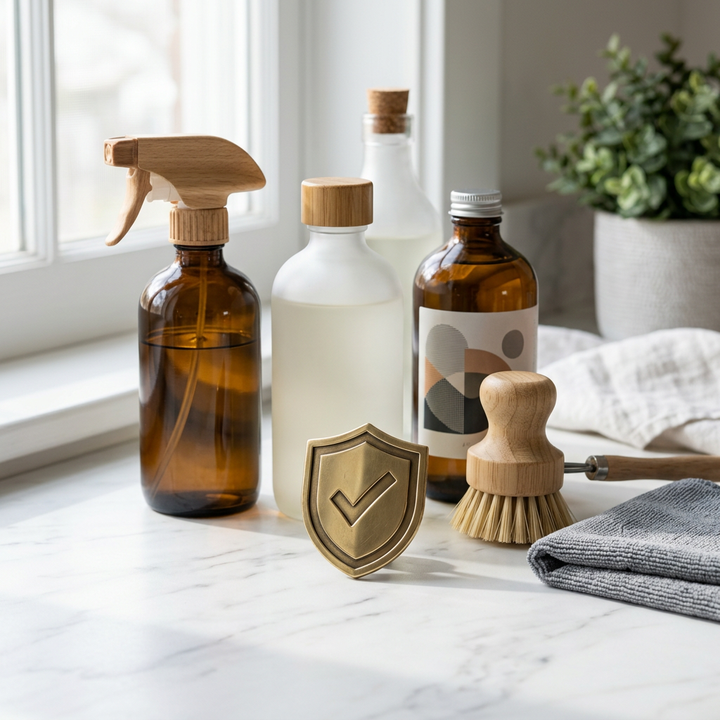 Cleaning supplies with a protective shield badge