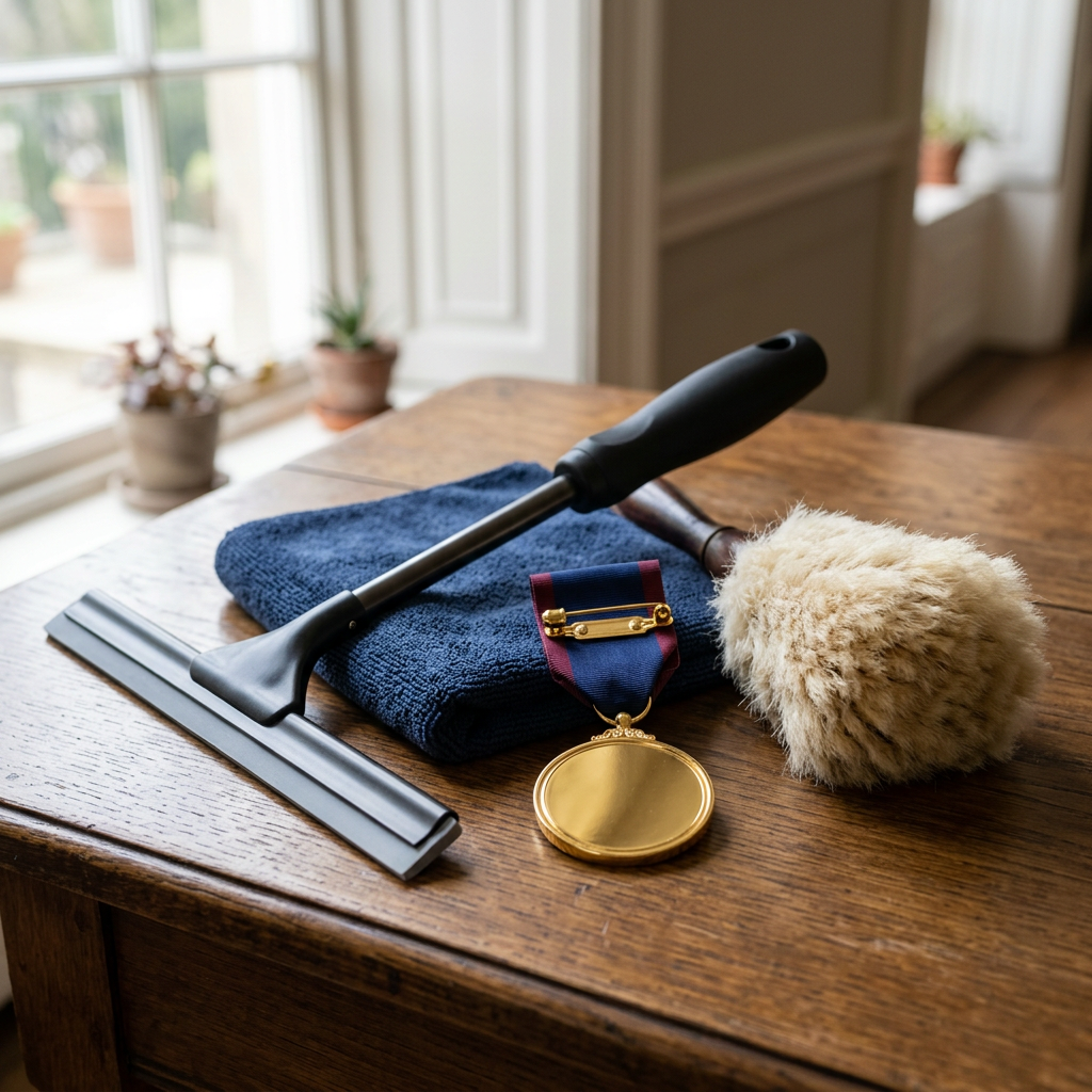 Professional cleaning tools with a service medal