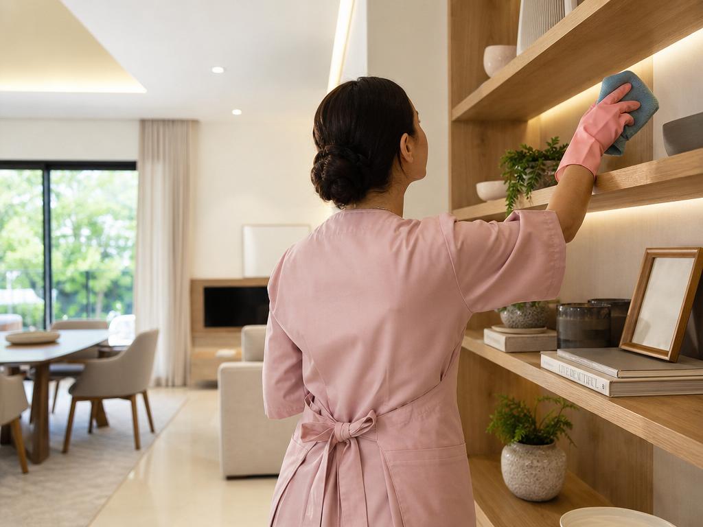Professional cleaner in a pink apron dusting a wooden shelf in a bright modern home