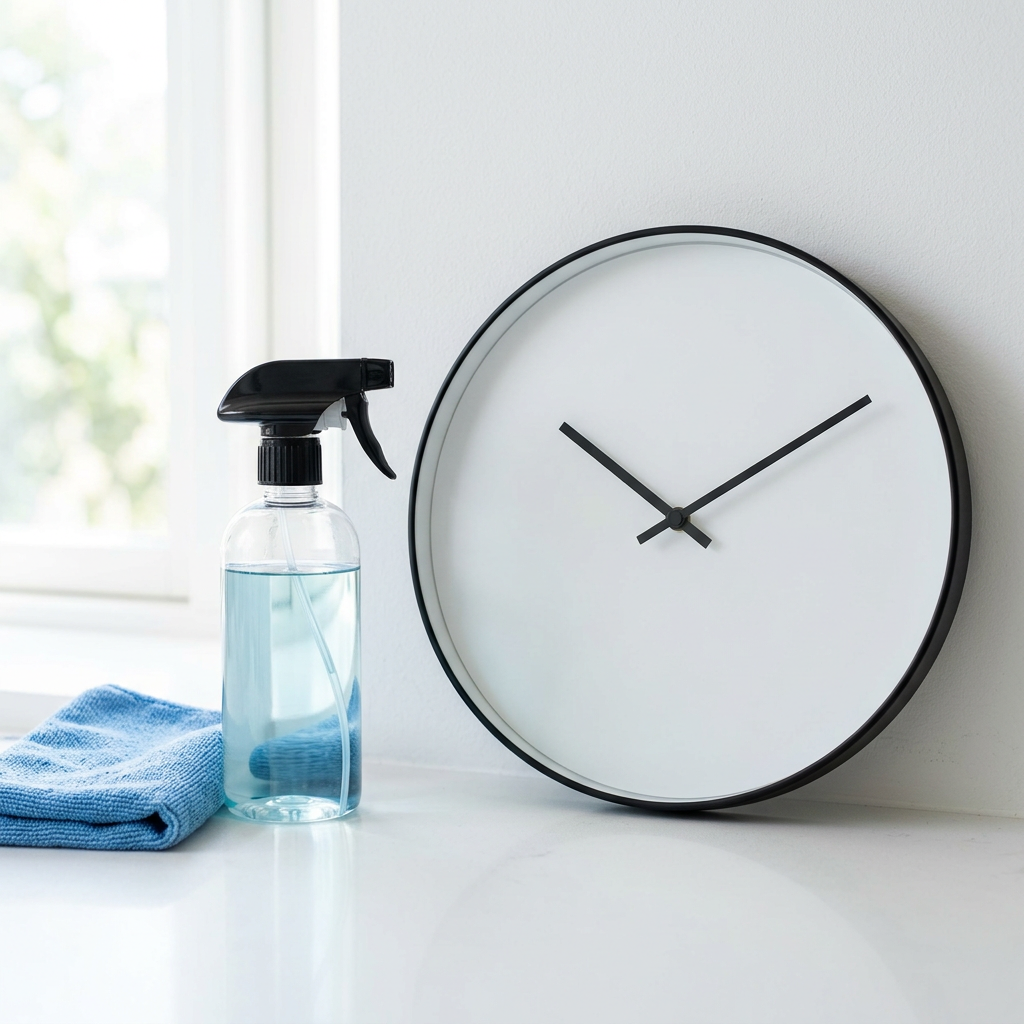 Minimal clock with cleaning supplies