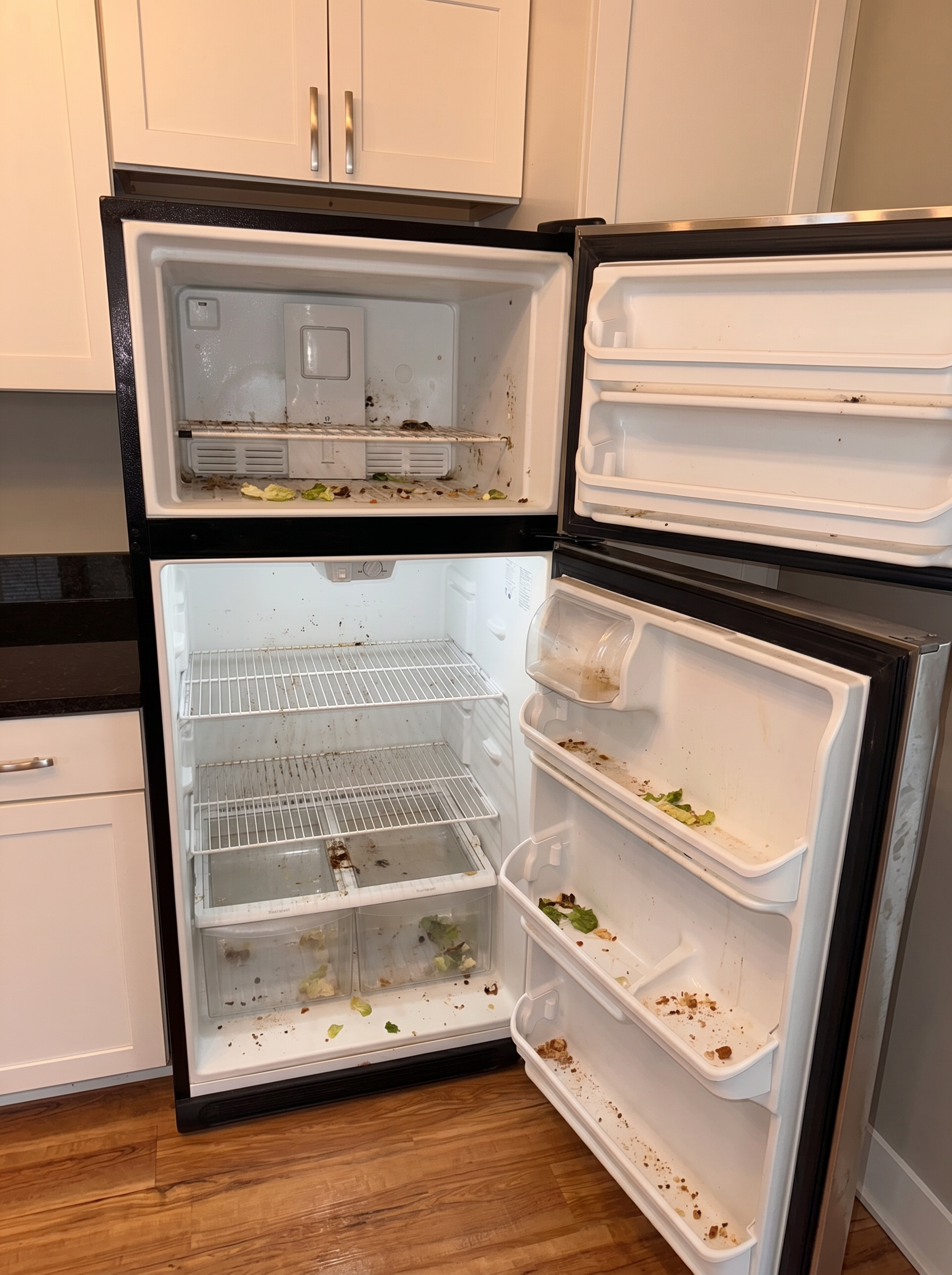 Before: Refrigerator detail — inside scrubbed spotless