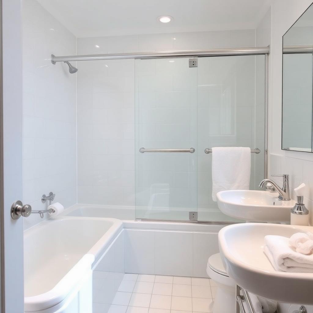 Pristine white residential bathroom with spotless glass shower and folded fluffy towels