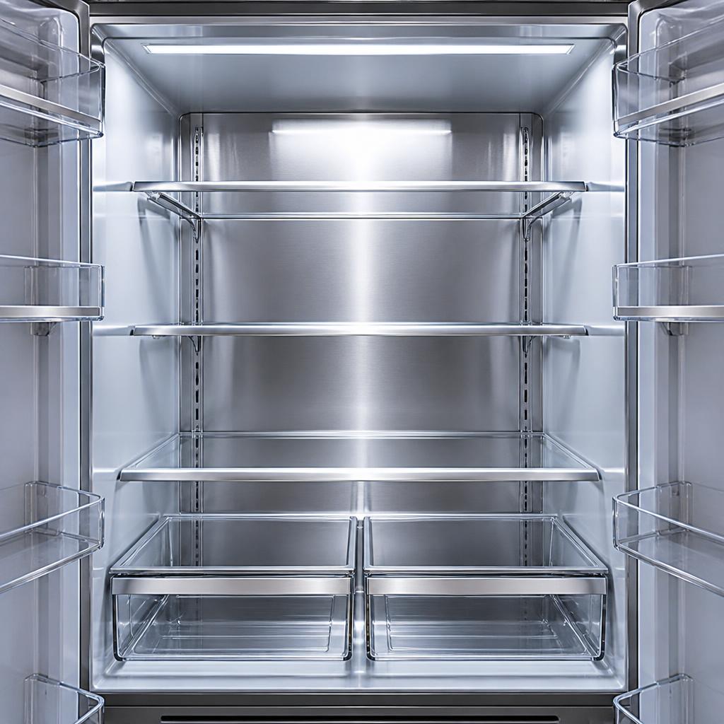 Gloved hand scrubbing the interior of a stainless steel oven with a spotless refrigerator open behind