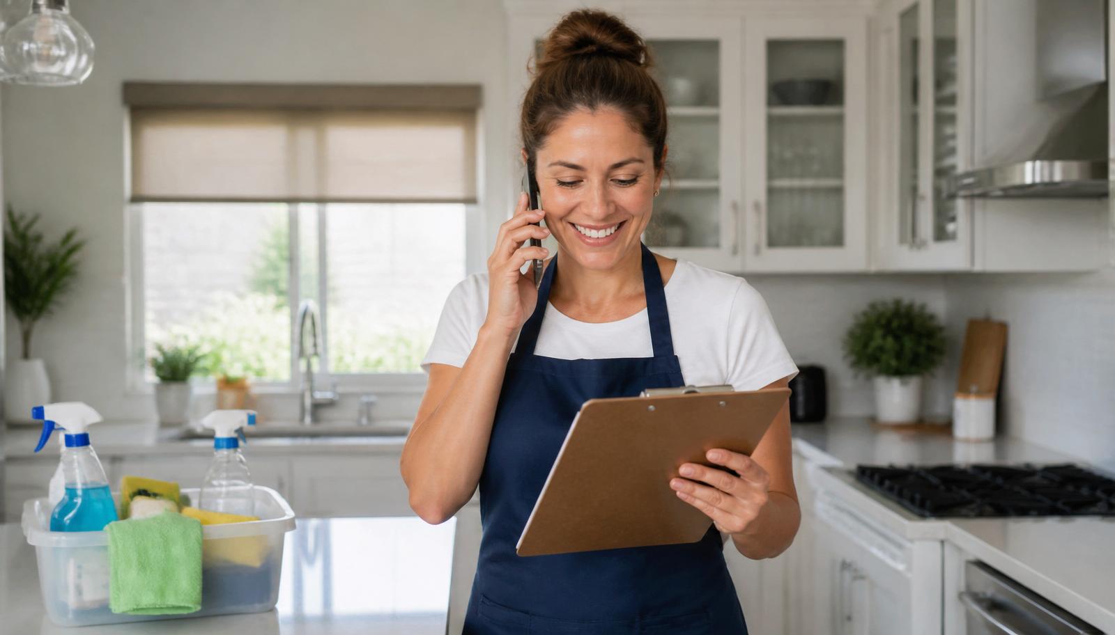 Friendly Happy to Clean owner on the phone with a clipboard, ready to schedule a cleaning