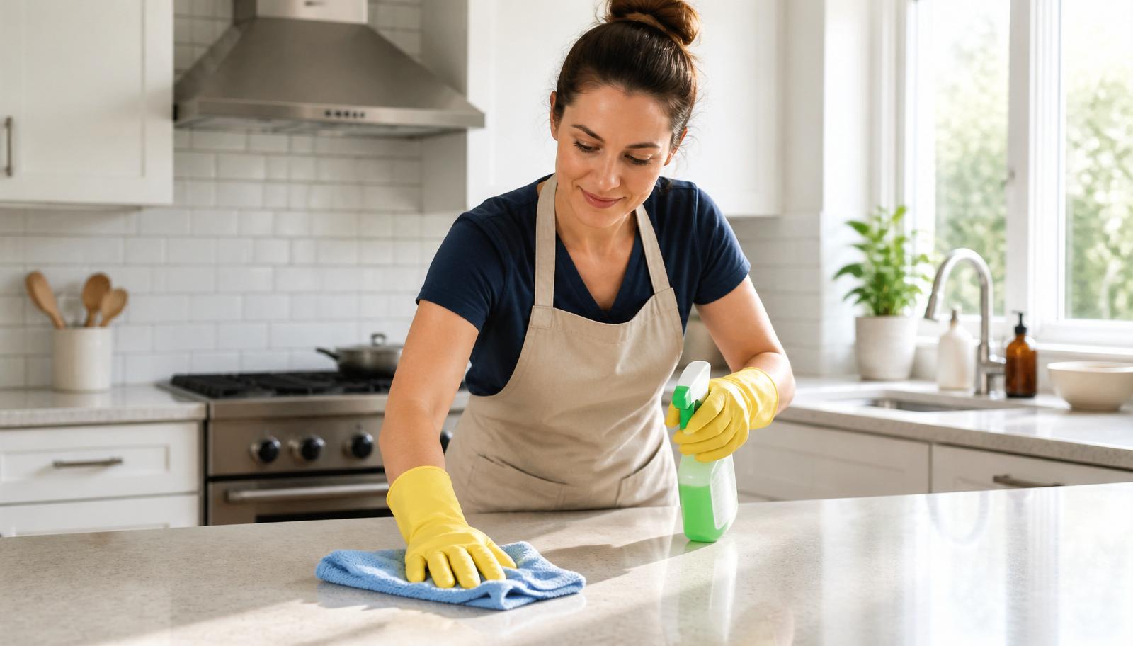 Sunlit residential kitchen with marble counters and neatly arranged cleaning supplies