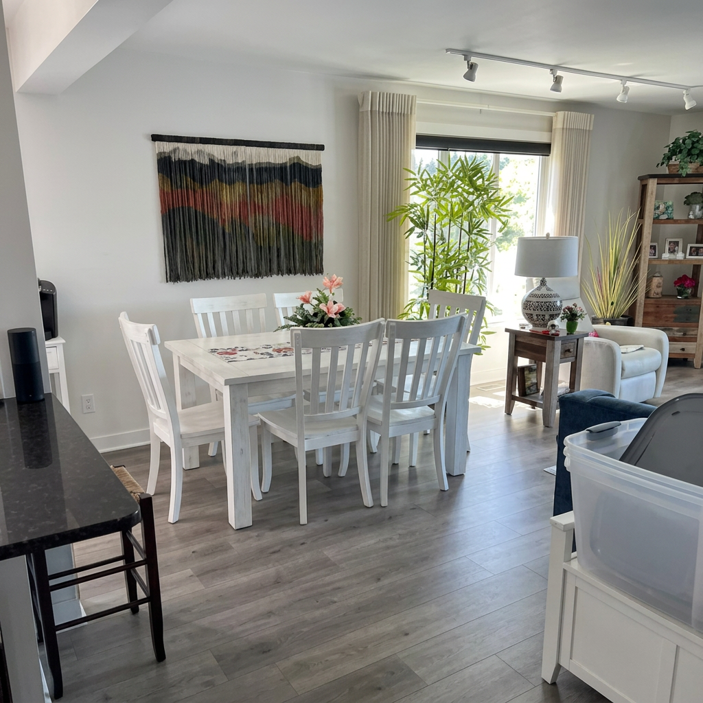 Living space tidied during a recurring cleaning visit