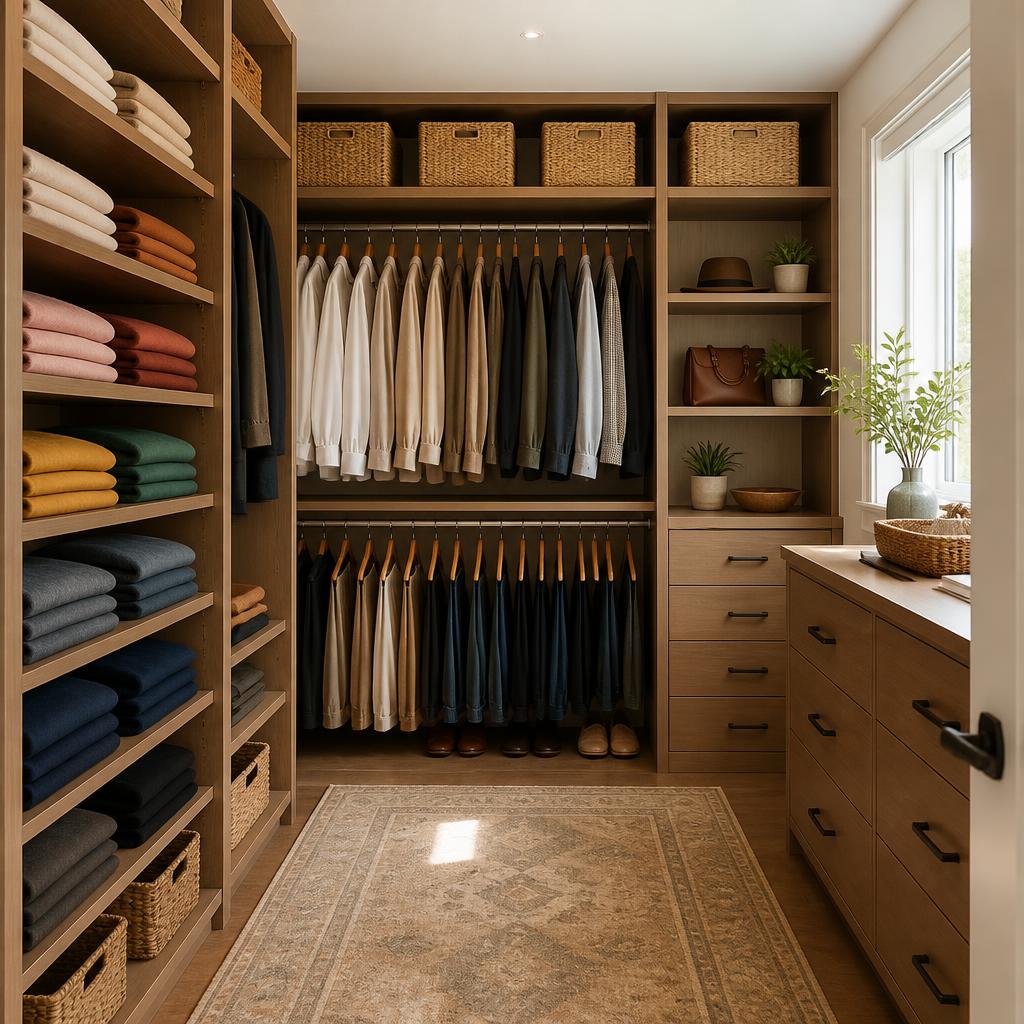 Neatly organized walk-in closet with folded linens and labeled clear storage bins