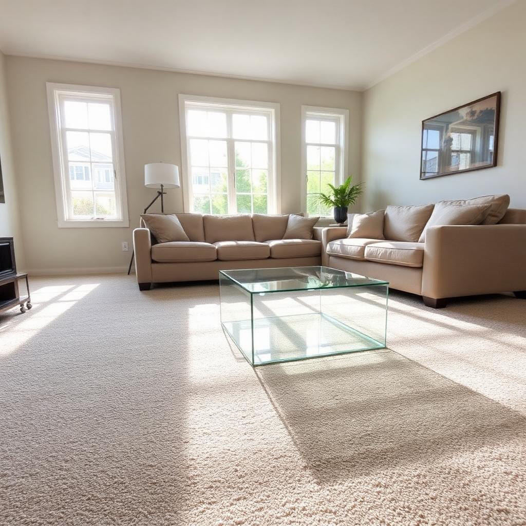 Freshly vacuumed residential living room with visible carpet lines and sparkling glass coffee table
